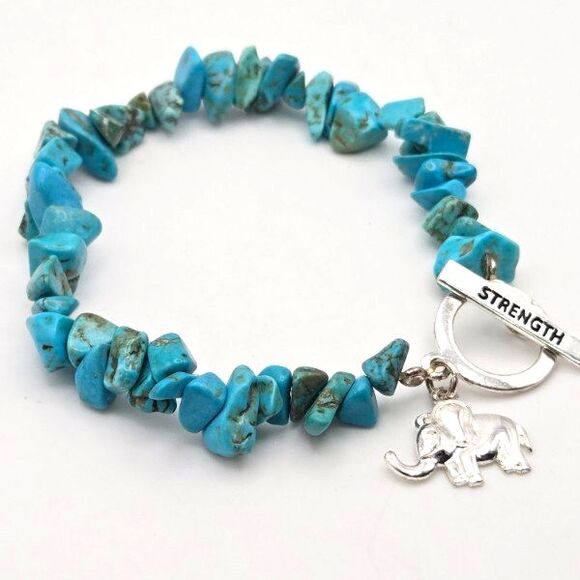 Turquoise Chip Stretch Bracelet with 925‎ Silver Elephant Charm and Toggle Clasp - Picture 1 of 5